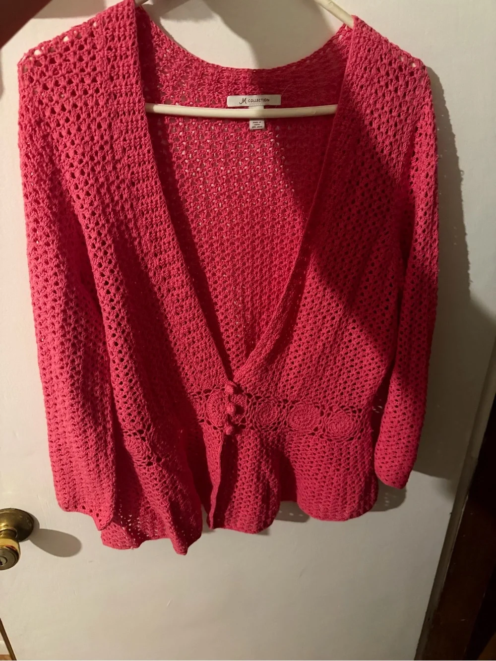 JM Collection Rose Pink Crochet Open-Front Cardigan. 100% cotton
